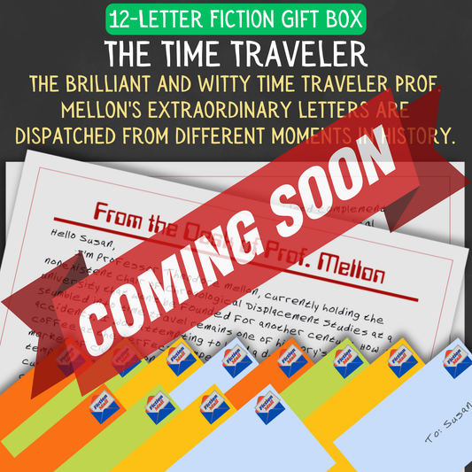 Historical fiction gift box with 12 personalized letters tied with twine in colorful envelopes