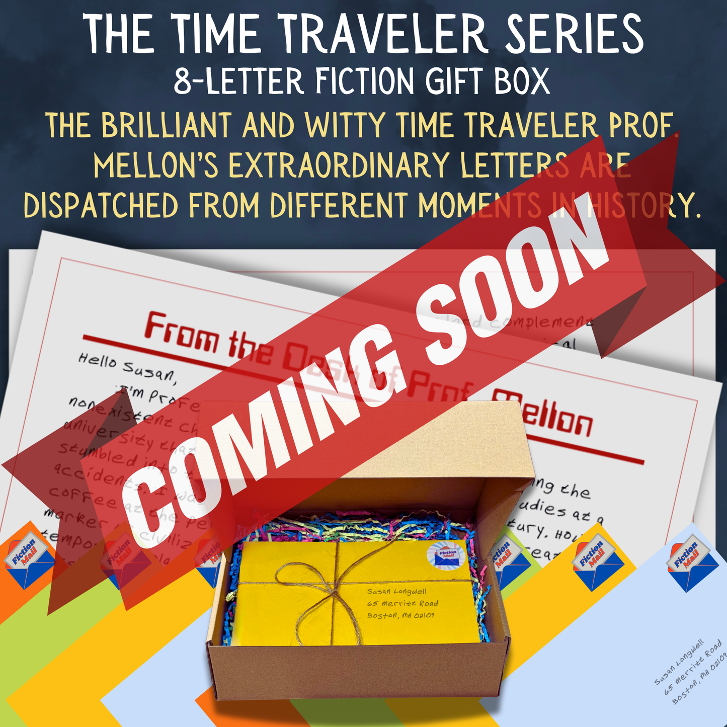 Historical fiction gift box with 8 personalized letters tied with twine in colorful envelopes