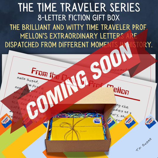 Time Traveler historical fiction gift box with 8 personalized letters tied with twine in colorful envelopes