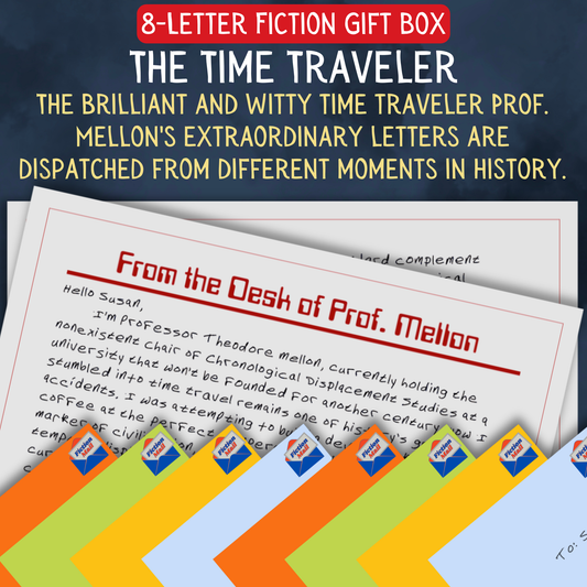 Historical fiction gift box with 8 personalized letters tied with twine in colorful envelopes