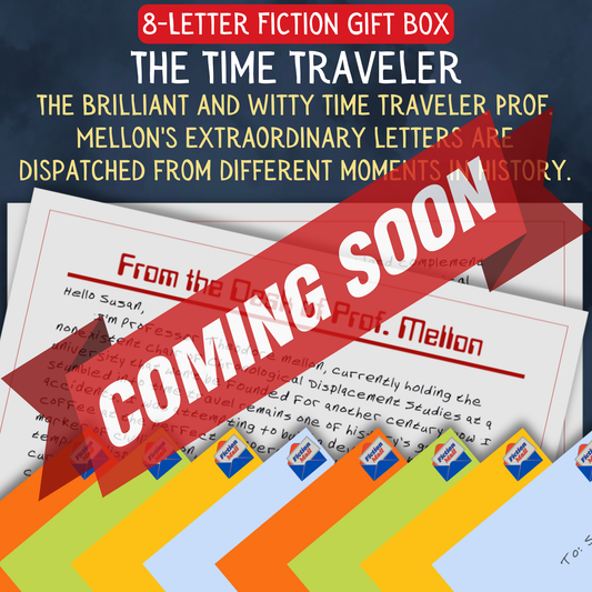 Historical fiction gift box with 8 personalized letters tied with twine in colorful envelopes