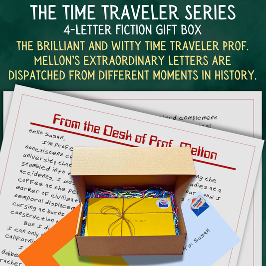 Time Traveler historical fiction gift box with 4 personalized letters tied with twine in colorful envelopes