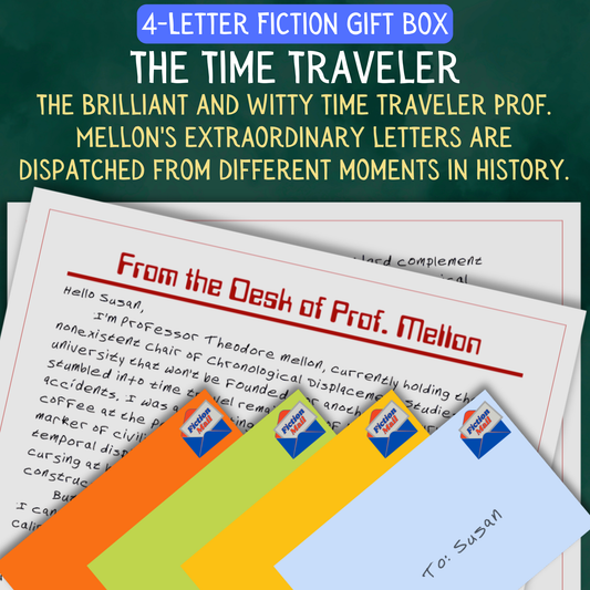 The Time Traveler fiction gift box with 4 personalized letters tied with twine in colorful envelopes