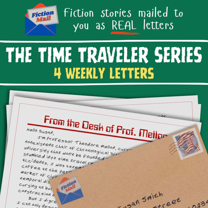 Promotional graphic for the fiction letter, 'The Time Traveler Series 4 Weekly Letters' from Fiction Mall. The design features a dark green background with white and yellow text, showing a stack of white letters with red borders and a brown envelope with a postmark and letterhead.