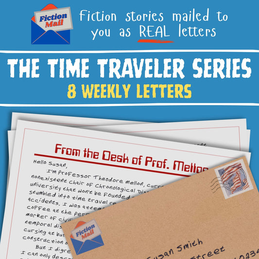 Promotional graphic for the fiction letter series 'The Time Traveler Series: 8 Weekly Letters' by Fiction Mall. The design features a bright blue header with white and yellow text, and below it, a mockup of a brown kraft envelope containing a letter addressed to 'Susan Smith' with a Fiction Mall stamp, layered over other letters.