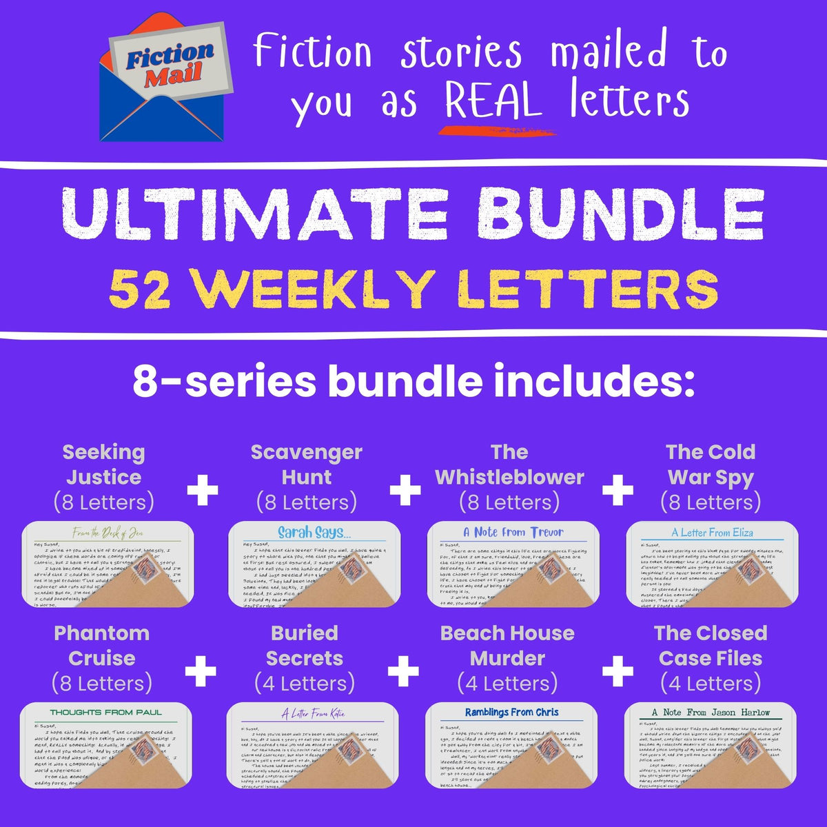 Promotional graphic for a 'Fiction Mall' 52 weekly letter bundle, featuring a purple background with white and yellow text and showing sample letter previews for different mystery genres.