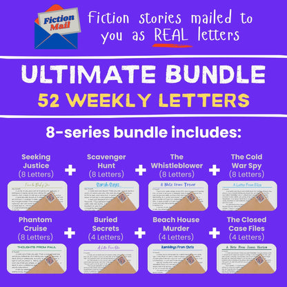 Promotional graphic for a 'Fiction Mall' 52 weekly letter bundle, featuring a purple background with white and yellow text and showing sample letter previews for different mystery genres.