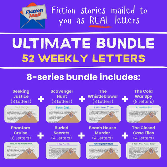 Promotional graphic for a 'Fiction Mall' 52 weekly letter bundle, featuring a purple background with white and yellow text and showing sample letter previews for different mystery genres.