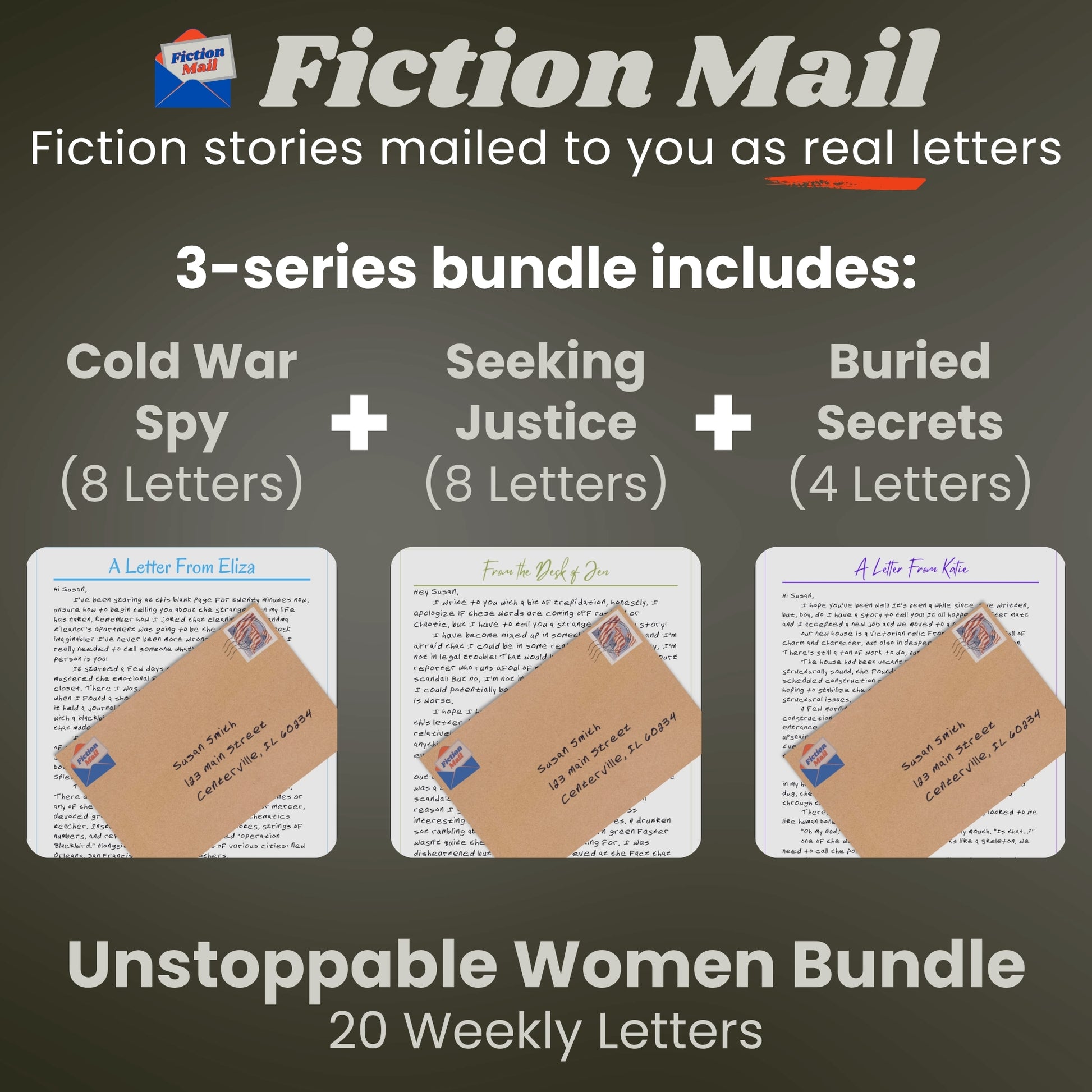 Image of letters and envelopes in our custom handwriting font from the Unstoppable Women Bundle of Fiction Mail stories as letters.