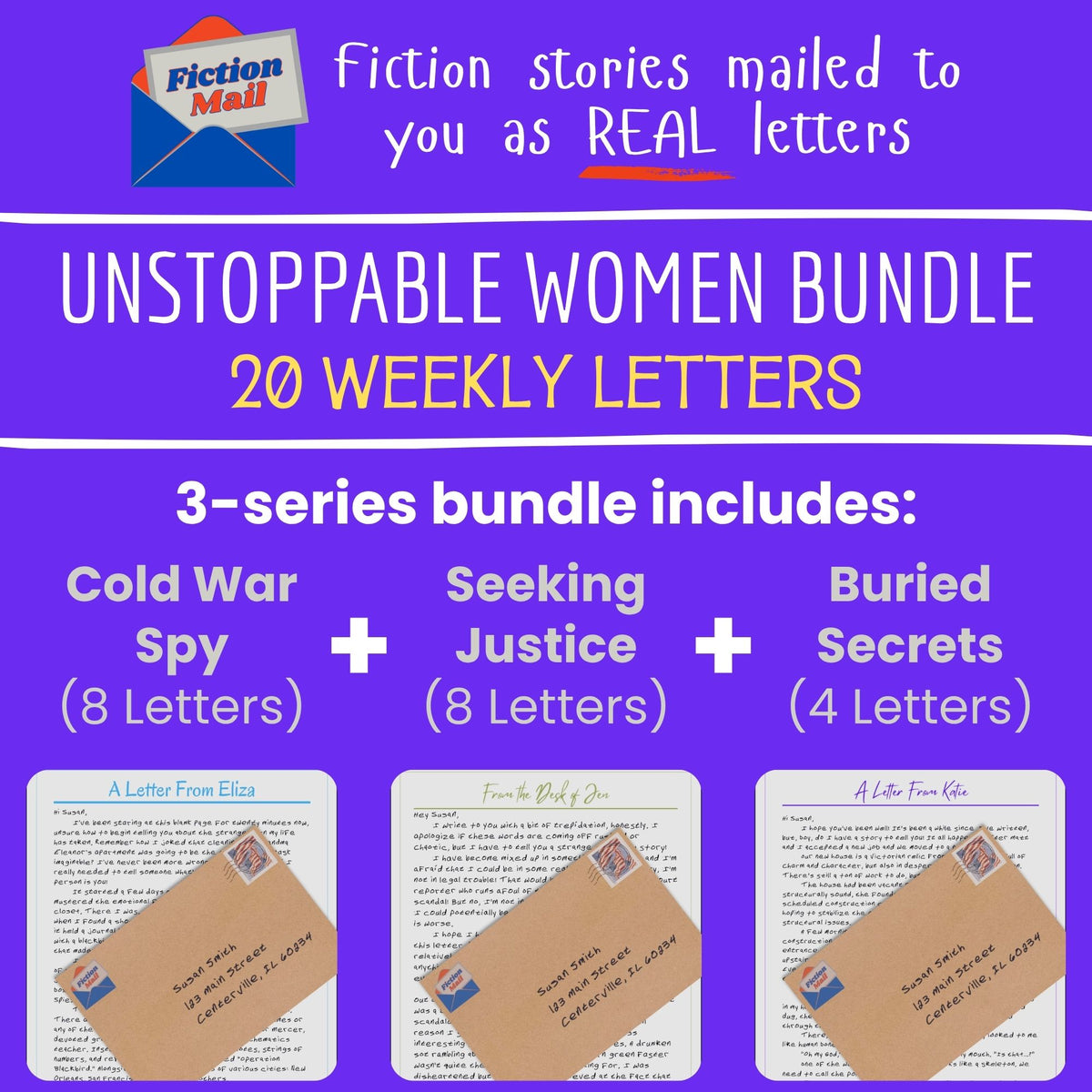 Promotional graphic for the 'Unstoppable Women Bundle' by Fiction Mall, featuring a purple background with white and yellow text. It advertises a 20-week letter bundle containing three series: 'Cold War Spy' (8 letters), 'Seeking Justice' (8 letters), and 'Buried Secrets' (4 letters), with sample letters and envelopes shown at the bottom.