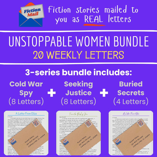 Promotional graphic for the 'Unstoppable Women Bundle' by Fiction Mall, featuring a purple background with white and yellow text. It advertises a 20-week letter bundle containing three series: 'Cold War Spy' (8 letters), 'Seeking Justice' (8 letters), and 'Buried Secrets' (4 letters), with sample letters and envelopes shown at the bottom.