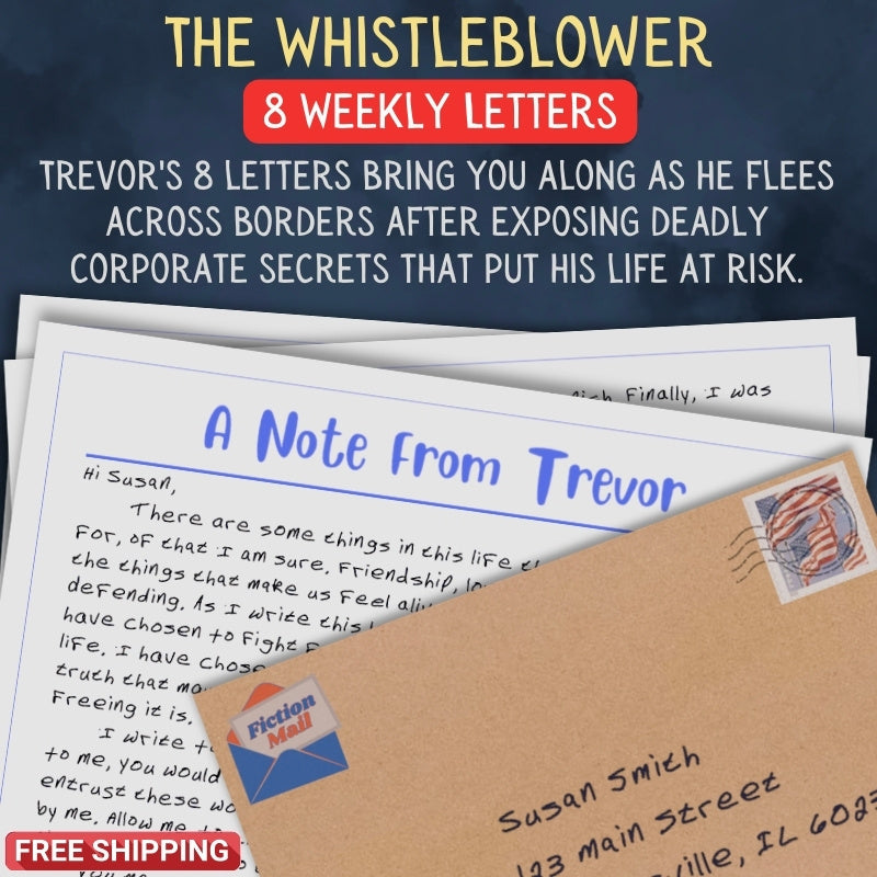 Personalized Whistleblower letter from Trevor with realistic handwriting next to addressed envelope
