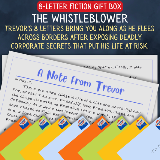 The Whistleblower fiction gift box with 8 personalized letters tied with twine in colorful envelopes