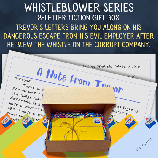 Whistleblower action fiction gift box with 8 personalized letters tied with twine in colorful envelopes