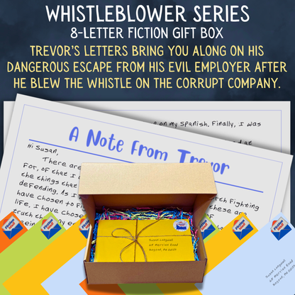 The Whistleblower fiction gift box with 8 personalized letters tied with twine in colorful envelopes