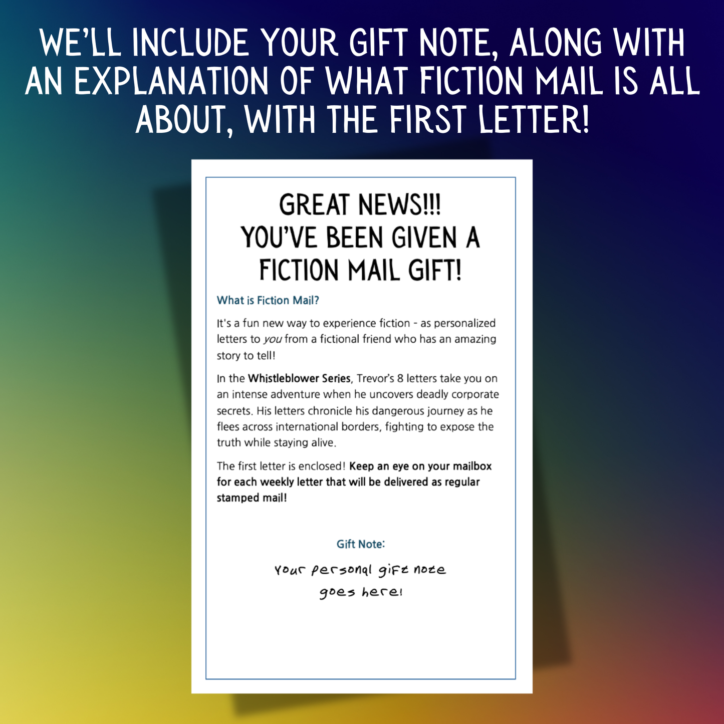 Example of a Gift Note for Fiction Mail Whistleblower Series of Stories as Letters