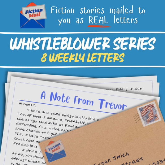 Promotional graphic for the Fiction Mail 'Whistleblower Series' of fiction letters containing 8 weekly letters. The design features a bright blue header with white and yellow text, and an illustration of a brown envelope containing a letter addressed to 'Susan' with a Fiction Mail logo.