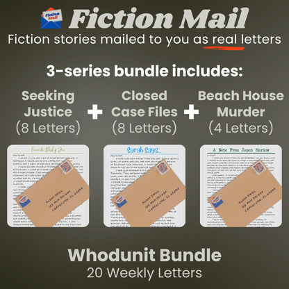 Image of letters and envelopes in our custom handwriting font from the Whodunit Bundle of Fiction Mail stories as letters.