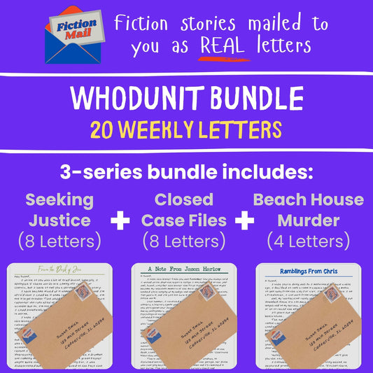 Promotional graphic for the Whodunit Bundle by Fiction Mall, featuring 20 weekly letters for a 3-series mystery bundle: Seeking Justice, Closed Case Files, and Beach House Murder. The design uses a purple background with white and yellow text and shows sample letters and envelopes.
