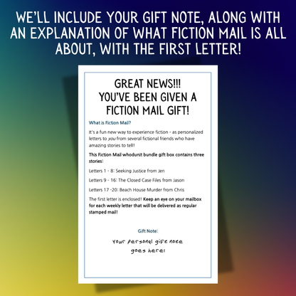 Example of a Gift Note for Fiction Mail 20 Letter Whodunit Bundle of Stories as Letters